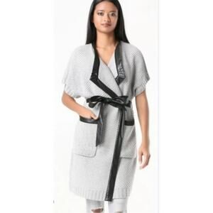 BEBE Faux Leather Insert Belted Sleeveless Sweater Coat Cardigan, One Size